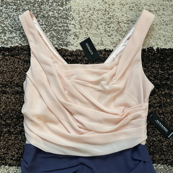 EXPRESS (Size 10) Light Pink Dark Blue Crepe Chiffon Ruched Dress Sleeveless - Picture 2 of 11